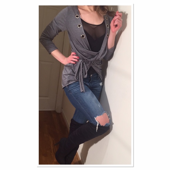 Boutique Tops - Grey crossover casual deep V neck high low shirt