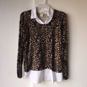 Leopard print top with white blouse trim.