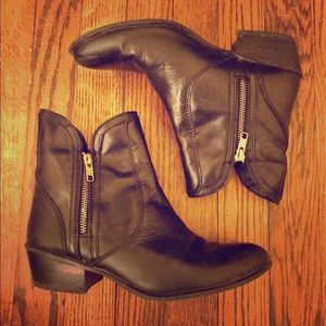 Black Leather and Gold Zipper Booties