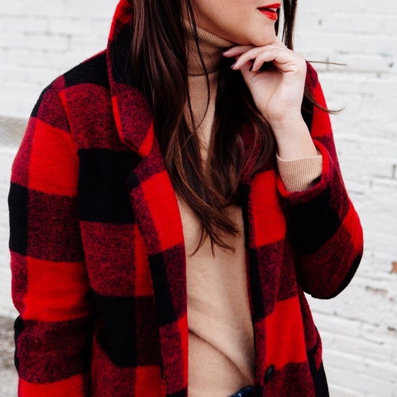 Red and black Plaid Pea Coat