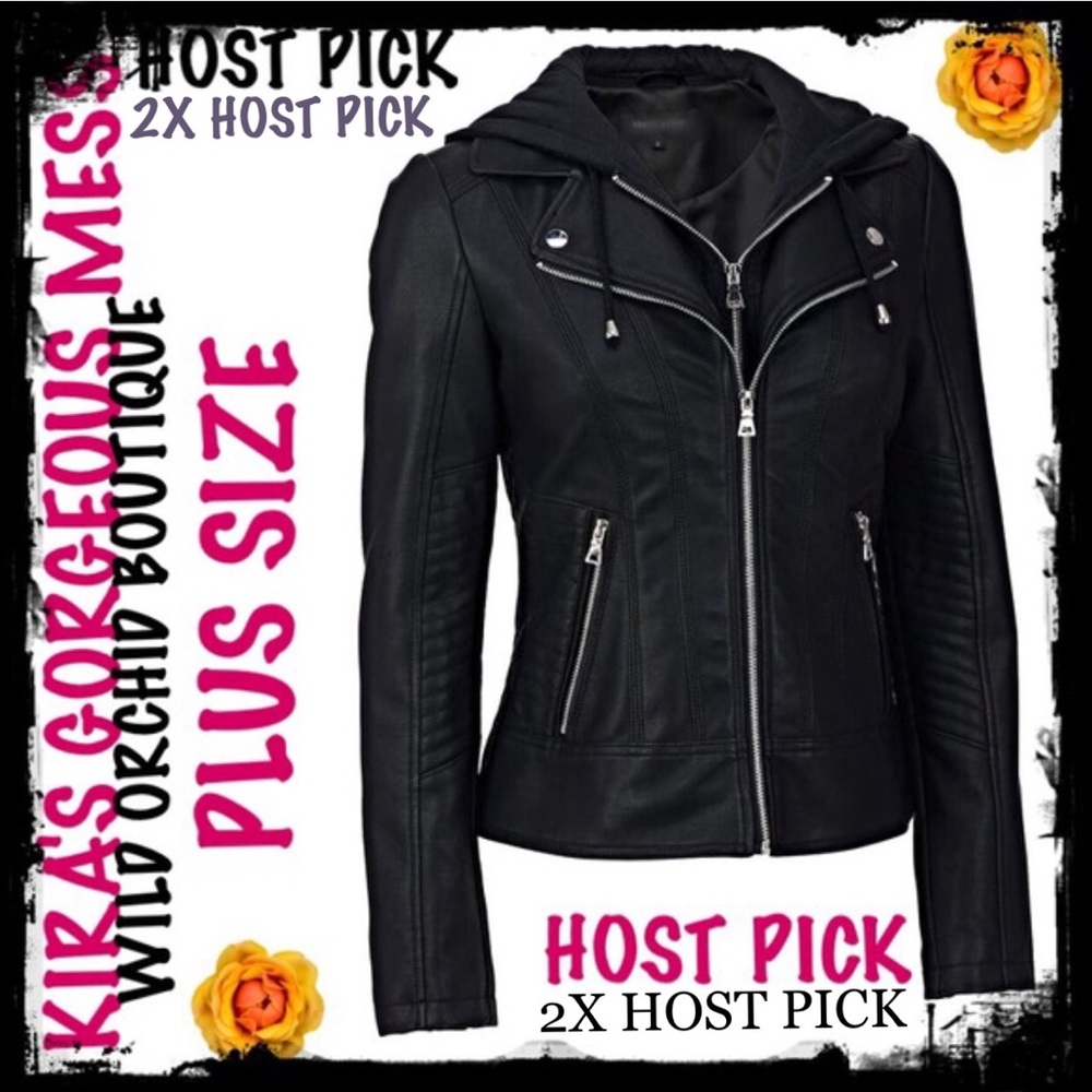 ✨2X HP✨BNWT Plus Faux-Leather Jacket Knit Hood - Picture 1 of 4