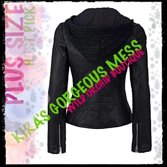 ✨2X HP✨BNWT Plus Faux-Leather Jacket Knit Hood - Picture 2 of 4