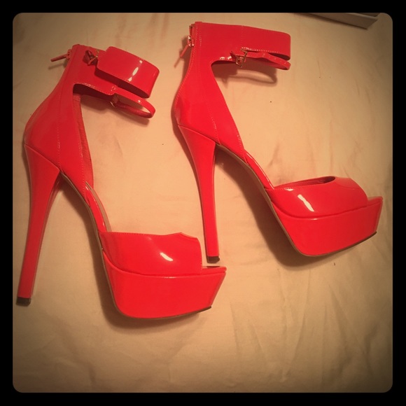 Neon Orange Platform Ankle Strap heels