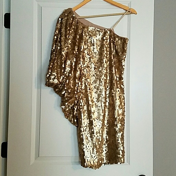 Aidan Mattox Gold Sequin One Shoulder Dress size 6