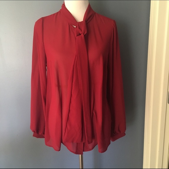 Burgundy sheer blouse with attached ties