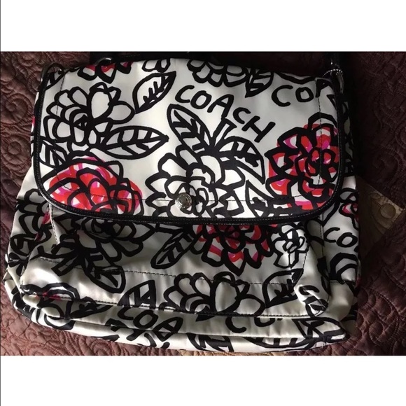 Coach Black White Red Pink Floral Messenger Bag