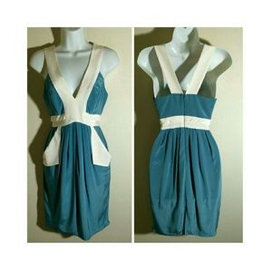 Black Halo Silk V-Neck Colorblock Dress W/Pockets