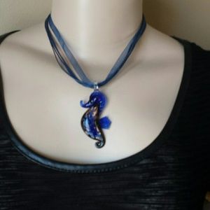 Blown Glass Seahorse on Blue Lace Necklace