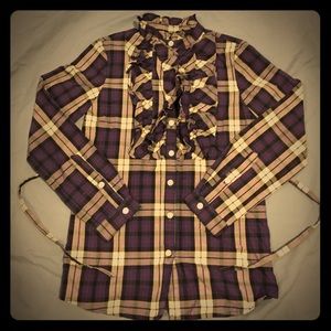 Ruffled button down plaid shirt girls sz S(7)