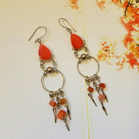Chandelier Earrings in Silver with Orange Beads