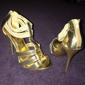 strapped gold, leather heels