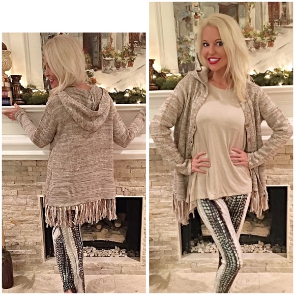 Stunning fringe mocha hooded sweater!! LAST ONE - Picture 2 of 3