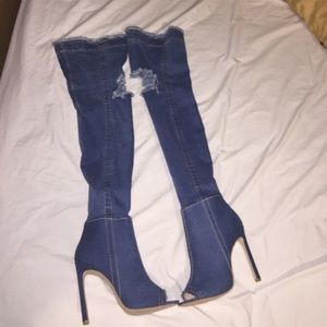 Over the knee open toe denim boots