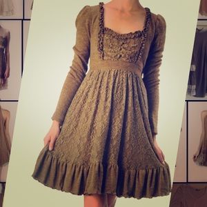 RYU Brown Long Sleeve Lace Trim Knit Dress, Small