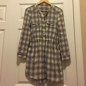 Grey Plaid Long Sleeve Flannel Shirt Dress