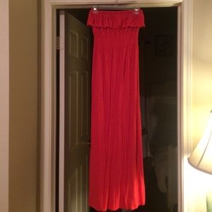 Red strapless maxi dress