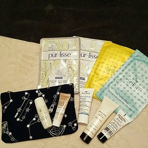 Assorted skin care products and bag