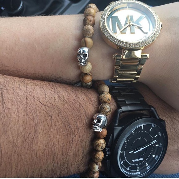 Couple matching beaded bracelets, jasper and skull