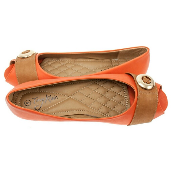 Women Open Toe Buckle Ballet Flats, b-1372, Orange - Picture 2 of 4