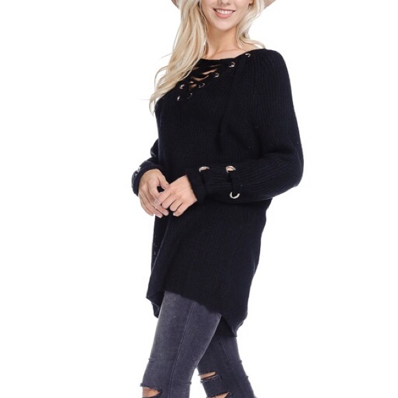 Black Lace Up Tunic Sweater - Picture 2 of 3