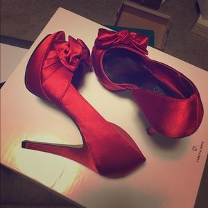 Satin open toe red pumps
