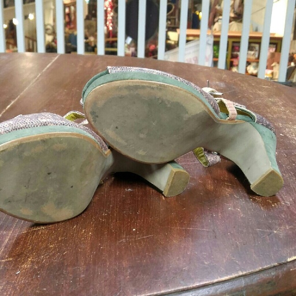 Faryl Robin Pink Snake Pattern & Green Suede Heels - image 3