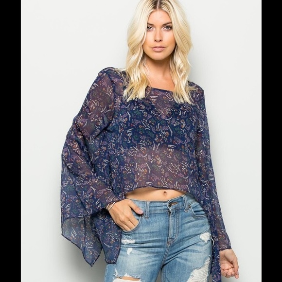 boutique Tops - SEMI CROP TOP WITH SPLIT BELL SLEEVES