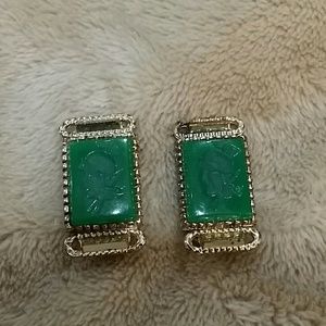 Vintage Gold Tone Carved Jade Roman Head Clip Ons Vintage Gold Tone Carved Jade Roman Head Clip Ons