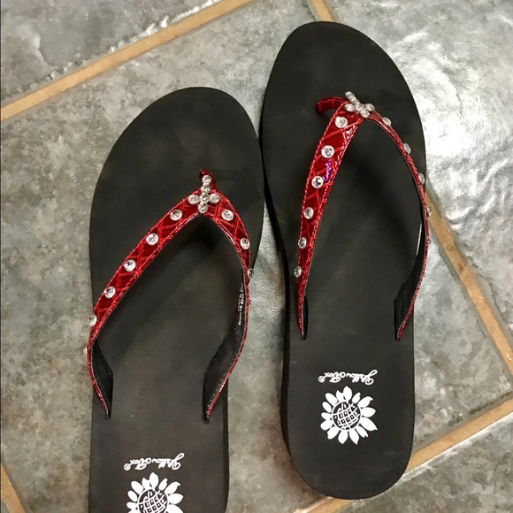 red yellow box flip flops