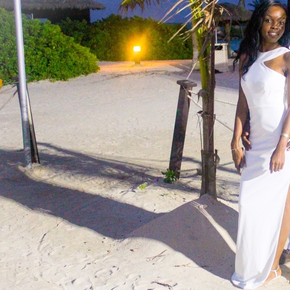 Libby cream neck strap maxi dress with side split