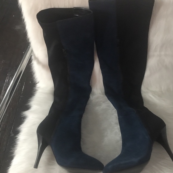 New Blue suede and black stretch over knee boots