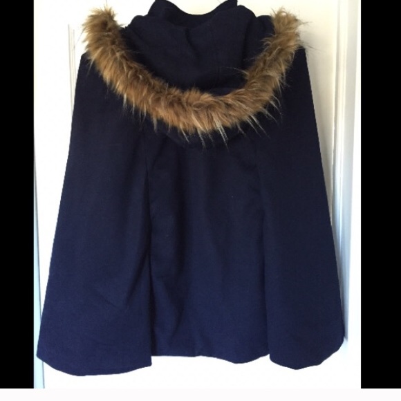 Navy blue cape wool coat faux fur lined hood