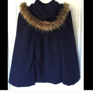 Navy blue cape wool coat faux fur lined hood