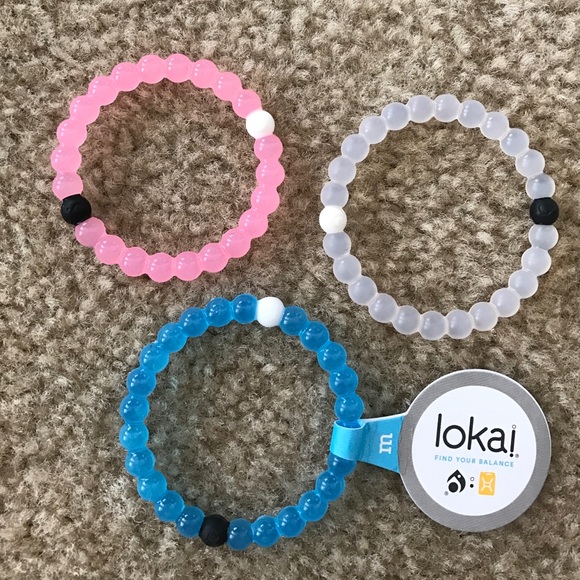 3 Lokai Bracelets; Blue, Pink & Clear