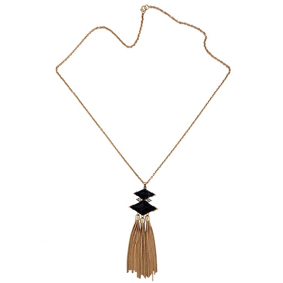 Black Stone Diamond Shape Tassel Necklace - Picture 1 of 4