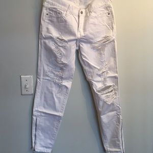 White Distressed Jeans with side zipper