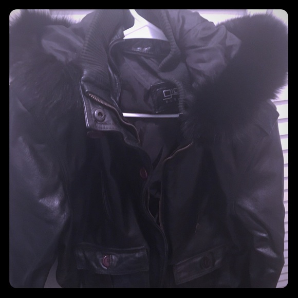 Black genuine leather bomber jacket