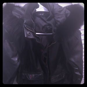 Black genuine leather bomber jacket