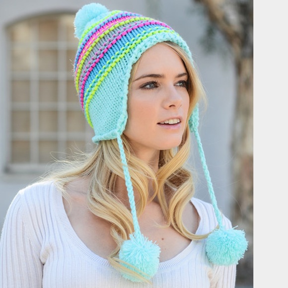 Neon stripe Mint Earflap Beanie