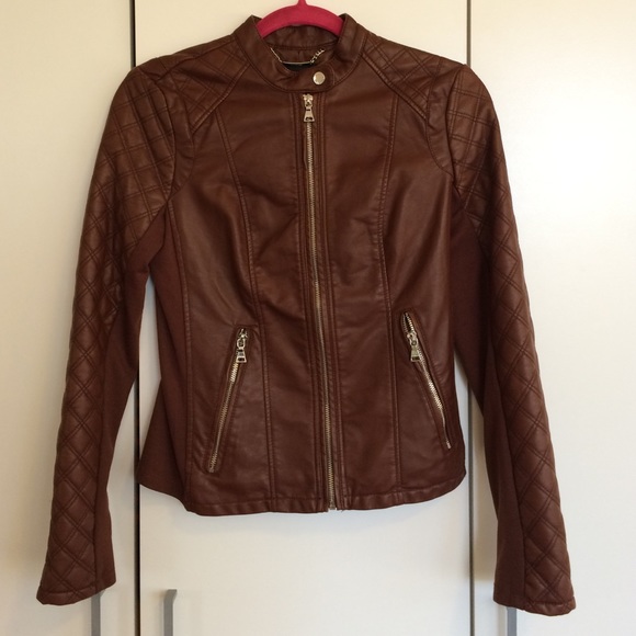 Express dark brown leather biker jacket.