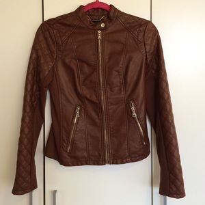 Express dark brown leather biker jacket.