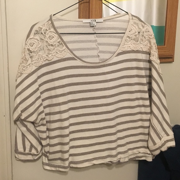 F21 - Striped sweater with Lace shoulders