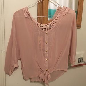 REVERSE - Mauve Tie Blouse w/ Crochet Detailing