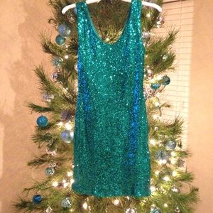 Turquoise Sequin Dress Midi SZ MED New Years Eve