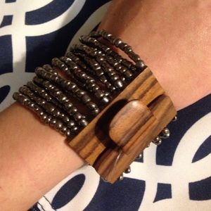 NEW Brushed Metal Beaded Bracelet w/ Wooden Buckle