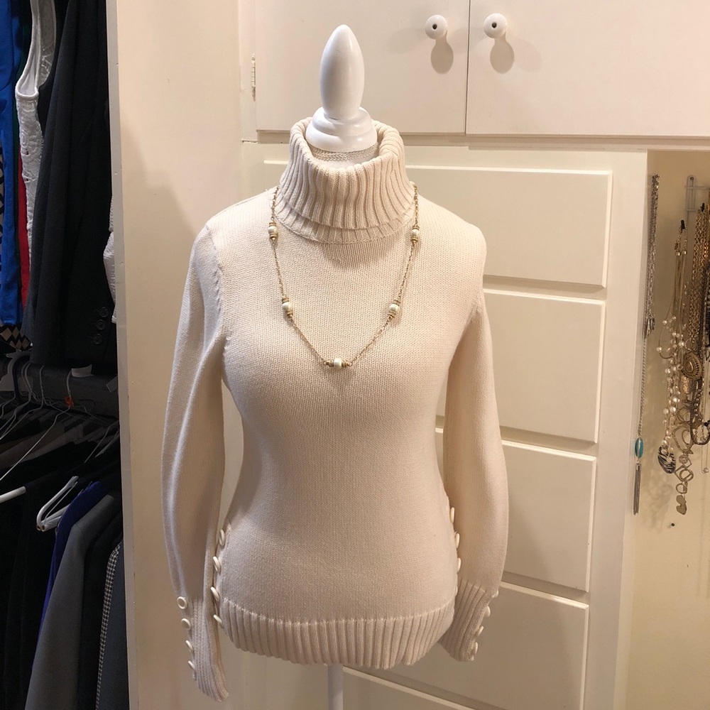 LOFT Cream Turtleneck Sweater with Button Detail