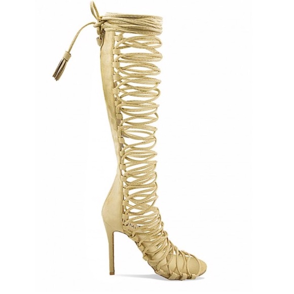 Simmi Rianne Nude Suede Lace Up Knee High Sandals