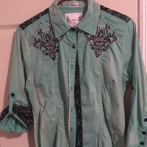 Teal green stone wash and black lace