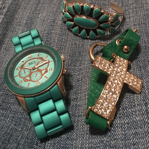Teal green watch and two bracelets