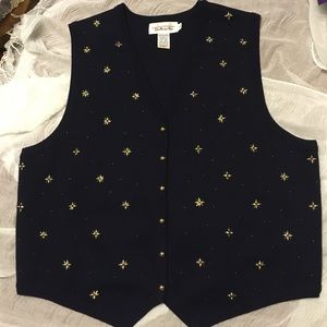 Talbots Wool Vest Navy w/ Gold Embellished